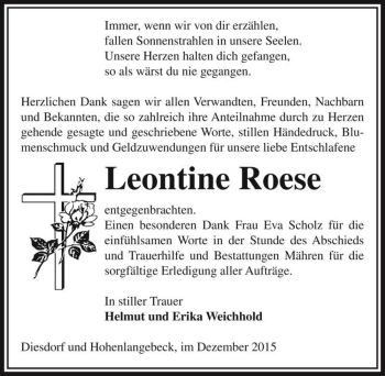 Traueranzeige von Leontine Roese  von Magdeburger Volksstimme