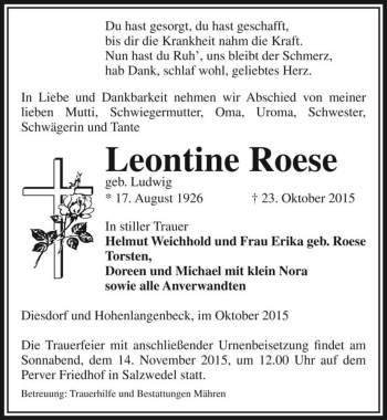Traueranzeige von Leontine Roese (geb. Ludwig)  von Magdeburger Volksstimme