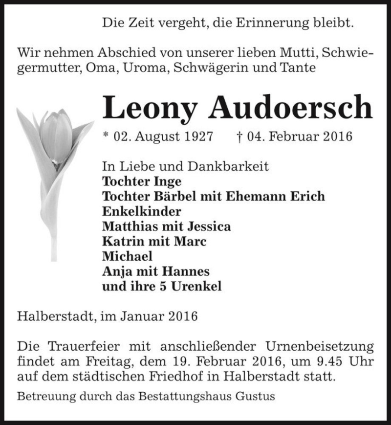  Traueranzeige für Leony Audoersch  vom 17.02.2016 aus Magdeburger Volksstimme