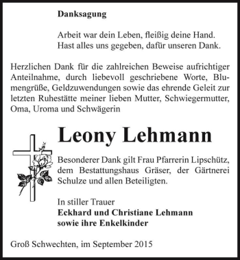 Traueranzeige von Leony Lehmann  von Magdeburger Volksstimme