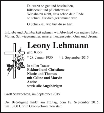 Traueranzeige von Leony Lehmann (geb. Kloos)  von Magdeburger Volksstimme