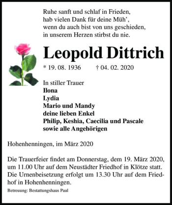 Traueranzeige von Leopold Dittrich  von Magdeburger Volksstimme