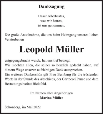 Traueranzeige von Leopold Müller  von Magdeburger Volksstimme
