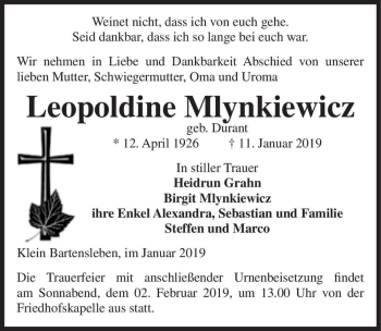 Traueranzeige von Leopoldiene Mlynkiewicz (geb. Durant)  von Magdeburger Volksstimme