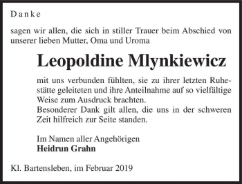 Traueranzeige von Leopoldine Mlynkiewicz  von Magdeburger Volksstimme