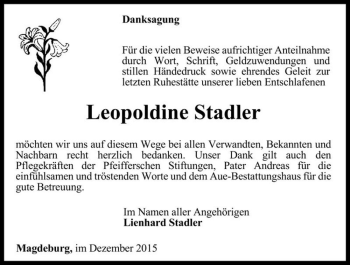 Traueranzeige von Leopoldine Stadler  von Magdeburger Volksstimme