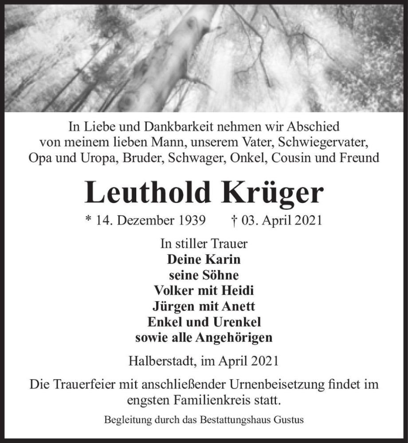  Traueranzeige für Leuthold Krüger  vom 10.04.2021 aus Magdeburger Volksstimme
