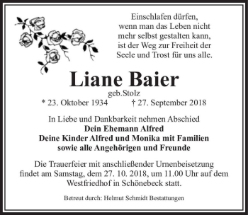 Traueranzeige von Liane Baier (geb. Stolz)  von Magdeburger Volksstimme