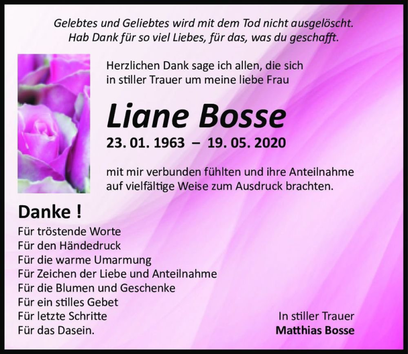  Traueranzeige für Liane Bosse  vom 27.06.2020 aus Magdeburger Volksstimme