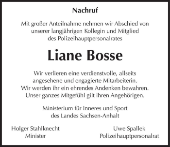 Traueranzeige von Liane Bosse  von Magdeburger Volksstimme