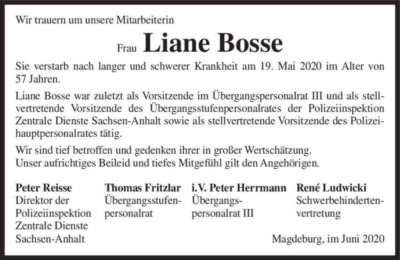  Traueranzeige für Liane Bosse  vom 17.06.2020 aus Magdeburger Volksstimme