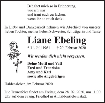 Traueranzeige von Liane Ebeling  von Magdeburger Volksstimme