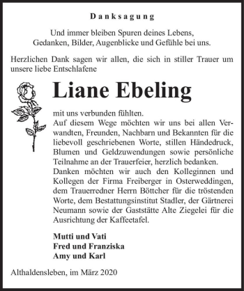 Traueranzeige von Liane Ebeling  von Magdeburger Volksstimme