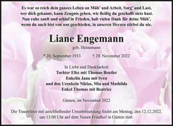 Traueranzeige von Liane Engemann (geb. Heinemann)  von Magdeburger Volksstimme