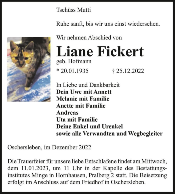 Traueranzeige von Liane Fickert (geb. Hofmann)  von Magdeburger Volksstimme