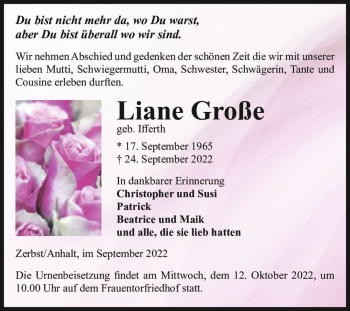 Traueranzeige von Liane Große (geb. Ifferth)  von Magdeburger Volksstimme