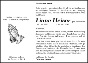 Traueranzeige von Liane Heiser (geb. Heidemann)  von Magdeburger Volksstimme
