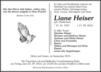 Traueranzeige von Liane Heiser (geb. Heidemann)  von Magdeburger Volksstimme