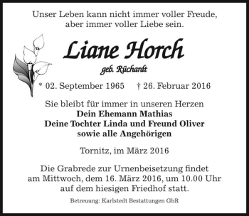 Traueranzeige von Liane Horch (geb. Rüchardt)  von Magdeburger Volksstimme