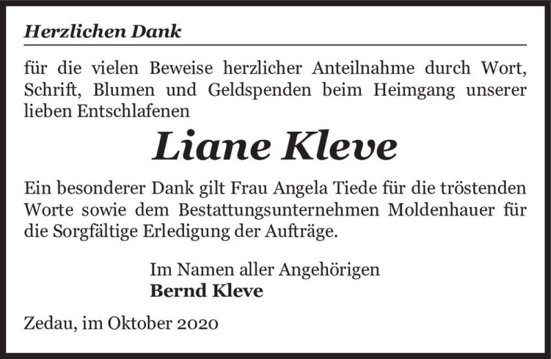  Traueranzeige für Liane Kleve  vom 23.10.2020 aus Magdeburger Volksstimme