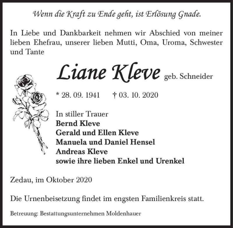  Traueranzeige für Liane Kleve (geb. Schneider)  vom 07.10.2020 aus Magdeburger Volksstimme