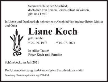 Traueranzeige von Liane Koch (geb. Gaube)  von Magdeburger Volksstimme