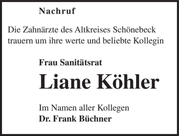 Traueranzeige von Liane Köhler  von Magdeburger Volksstimme
