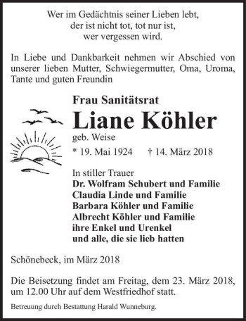 Traueranzeige von Liane Köhler (geb. Weise)  von Magdeburger Volksstimme