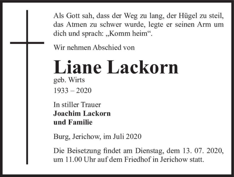  Traueranzeige für Liane Lackorn (geb. Wirts)  vom 08.07.2020 aus Magdeburger Volksstimme