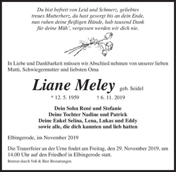 Traueranzeige von Liane Meley (geb. Seidel)  von Magdeburger Volksstimme