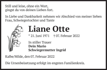 Traueranzeige von Liane Otte  von Magdeburger Volksstimme