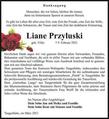 Traueranzeige von Liane Przyluski (geb. Völtz)  von Magdeburger Volksstimme
