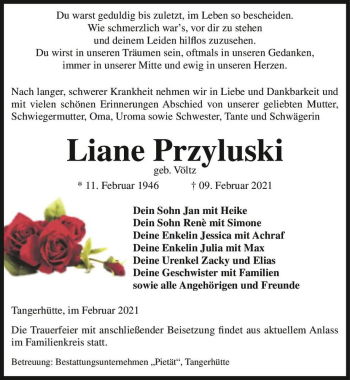 Traueranzeige von Liane Przyluski (geb. Völtz)  von Magdeburger Volksstimme