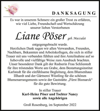 Traueranzeige von Liane Pöser (geb. Maczulat)  von Magdeburger Volksstimme