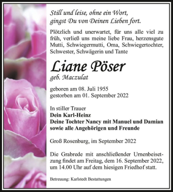 Traueranzeige von Liane Pöser (geb. Maczulat)  von Magdeburger Volksstimme