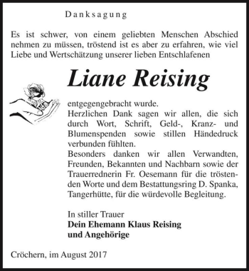 Traueranzeige von Liane Reising  von Magdeburger Volksstimme
