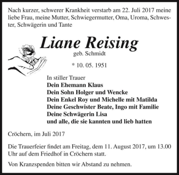 Traueranzeige von Liane Reising (geb. Schmidt)  von Magdeburger Volksstimme