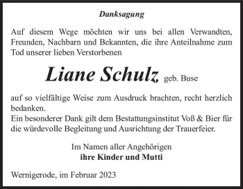 Traueranzeige von Liane Schulz (geb. Buse)  von Magdeburger Volksstimme