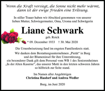 Traueranzeige von Liane Schwark (geb. Roick)  von Magdeburger Volksstimme
