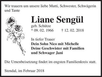 Traueranzeige von Liane Sengül (geb. Schütze)  von Magdeburger Volksstimme