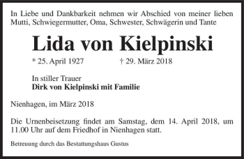 Traueranzeige von Lida von Kielpinski  von Magdeburger Volksstimme