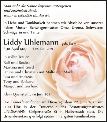 Traueranzeige von Liddy Uhlemann (geb. Stein)  von Magdeburger Volksstimme