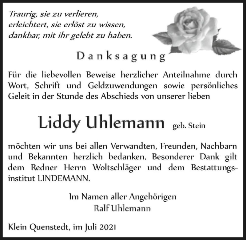  Traueranzeige für Liddy Uhlemann (geb. Stein)  vom 03.07.2021 aus Magdeburger Volksstimme