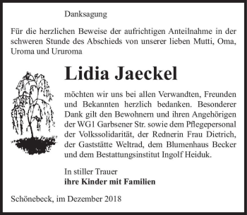 Traueranzeige von Lidia Jaeckel  von Magdeburger Volksstimme