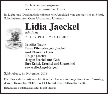 Traueranzeige von Lidia Jaeckel (geb. Jung)  von Magdeburger Volksstimme