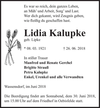 Traueranzeige von Lidia Kalupke (geb. Lipke)  von Magdeburger Volksstimme