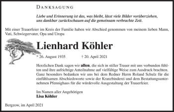 Traueranzeige von Lienhard Köhler  von Magdeburger Volksstimme
