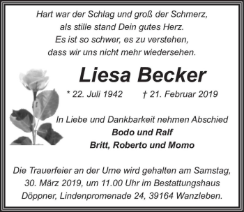 Traueranzeige von Liesa Becker  von Magdeburger Volksstimme