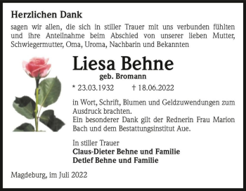 Traueranzeige von Liesa Behne (geb. Bromann)  von Magdeburger Volksstimme