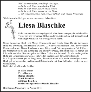 Traueranzeige von Liesa Blaschke  von Magdeburger Volksstimme
